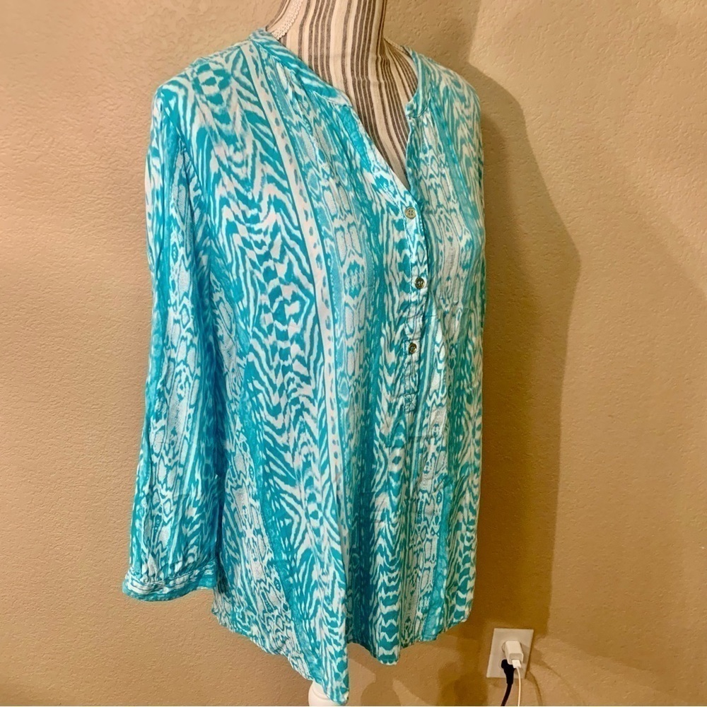 Grand & Greene Tunic Top Large Teal White 3/4 Length Sleeves 1/4 Button-Up Rayon - Picture 6 of 15